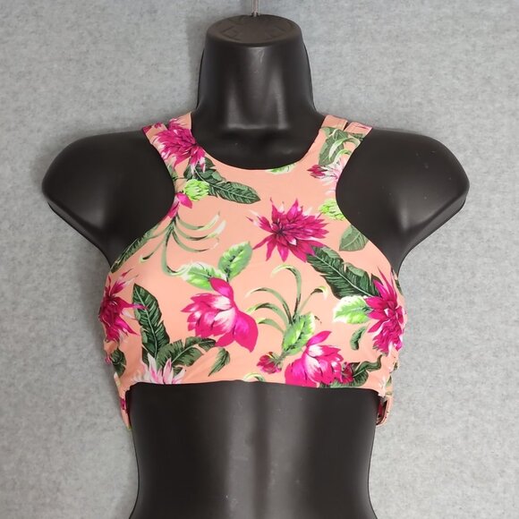 Tori Praver Sz S Seafoam Swimwear Pink Floral Halter Bikini Top High Neck Smock - Picture 2 of 10